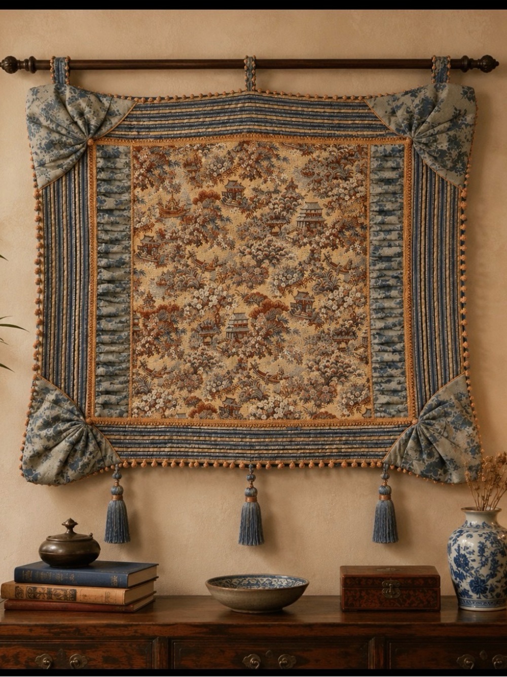 Vintage Pictorial Tapestry Covering, Pleats, Tassels, Boating, Temple  38"×42"